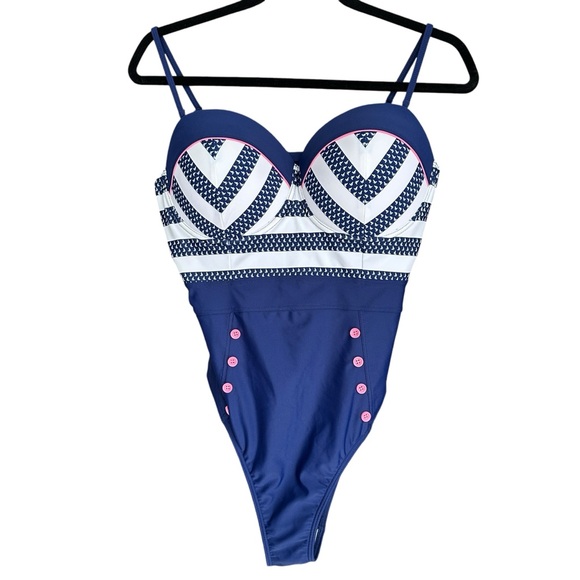 Retro VENUS Nautical One Piece Boosting Wire Support Swimsuit Size 14 - Picture 2 of 11